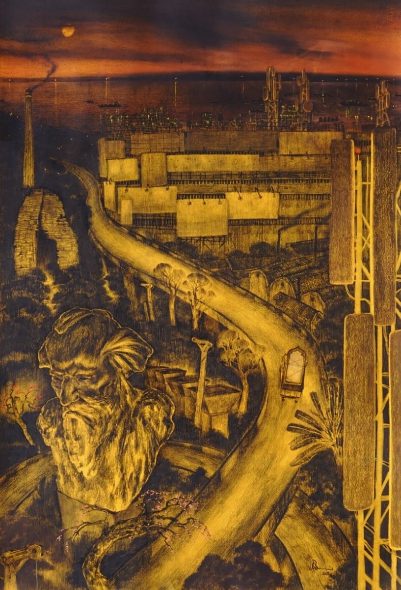 Bisarjan-II by David Malaker, mix media on paper, architecture and cityscapes