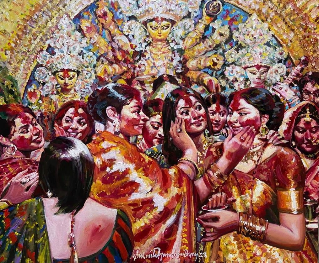 Sindoor Khela by Subrata Gangopadhyay, acrylic on canvas, people and portraits