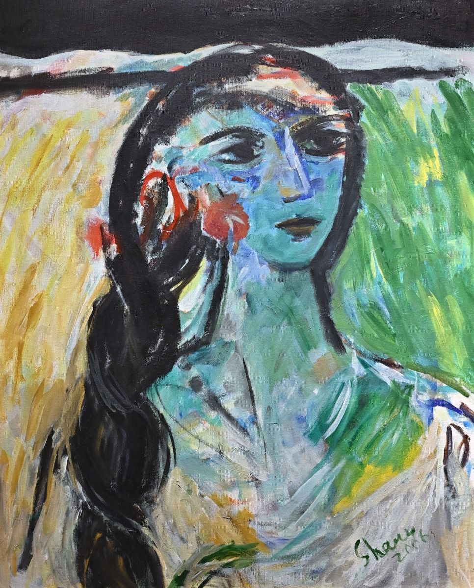 Woman with Flowers by Shanu Lahiri, acrylic on canvas, people and portraits