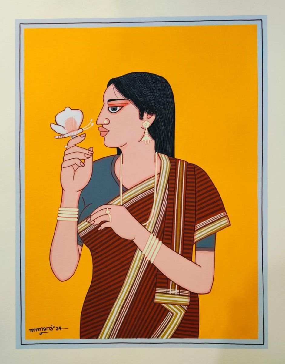 Bibi in saree by Lalu Prasad Shaw, tempera on board, people and portraits