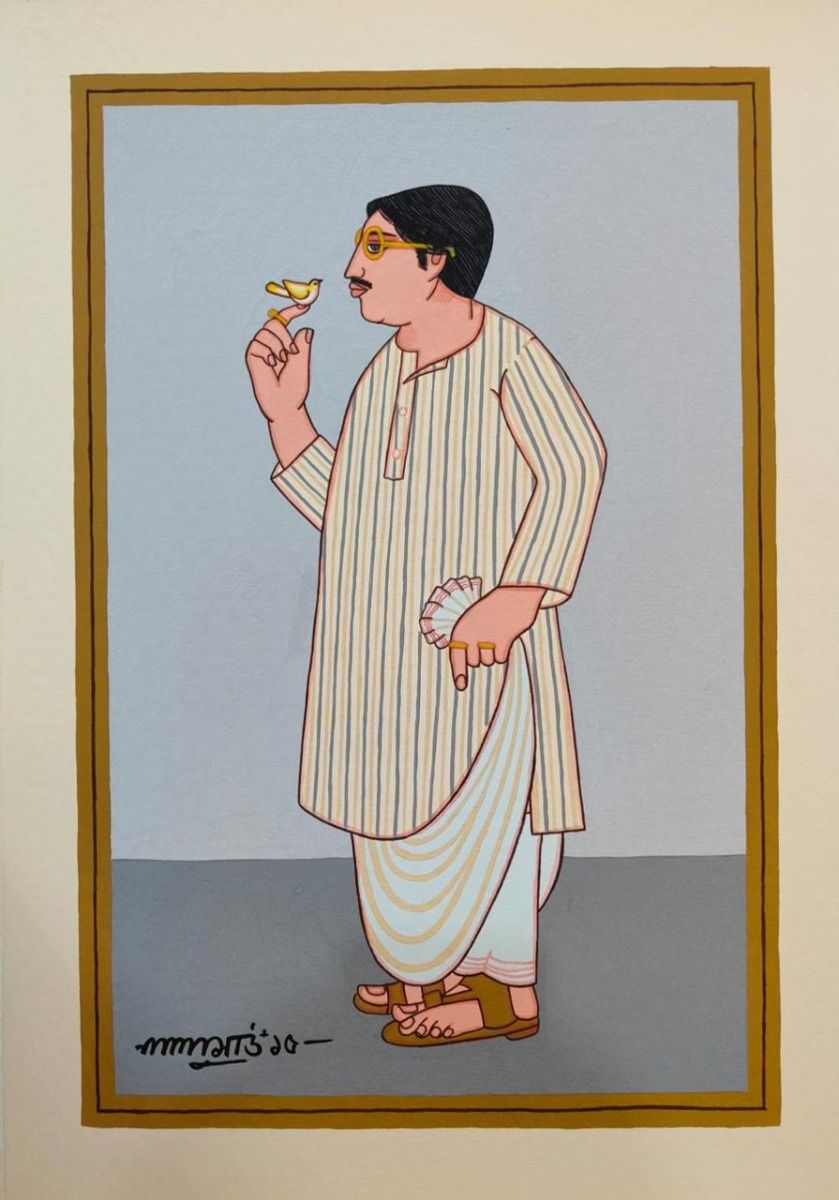 Babu with bird by Lalu Prasad Shaw, tempera on board, people and portraits