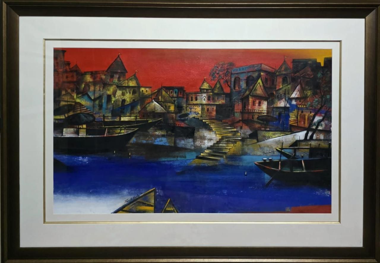 Banaras ghat by Paresh Maity, mix media on board, landscape, sea and sky