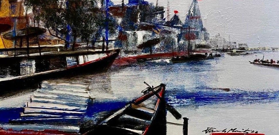 The River Bank by Paresh Maity, acrylic and oil on canvas, landscape, sea and sky