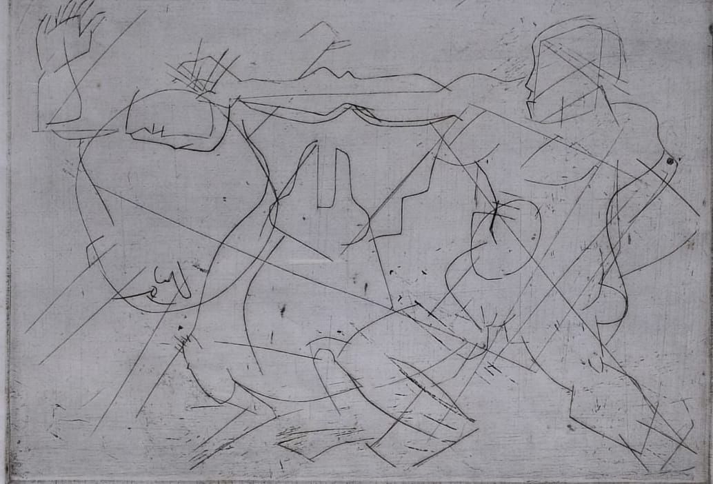 The Rogue Speared by Somnath Hore, etching, people and portraits