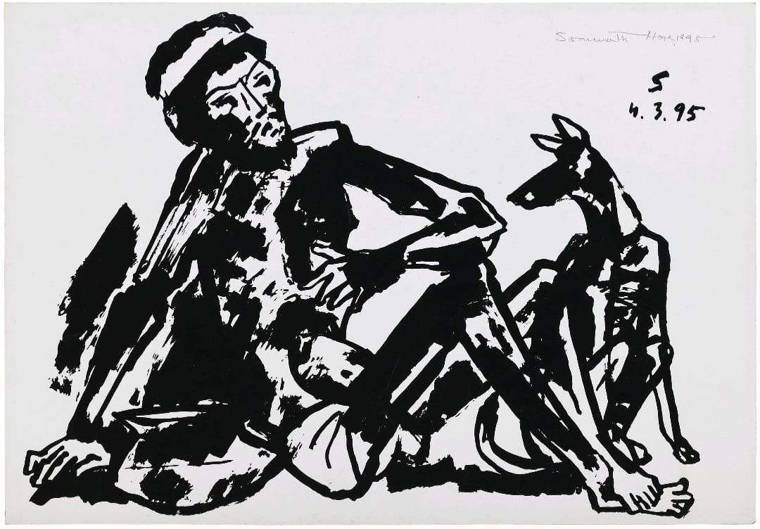 Man and Dog by Somnath Hore, serigraph on paper, still life