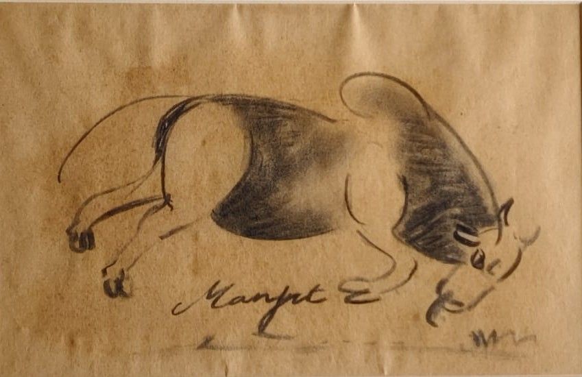 Untitled (Bull) by Manjit Bawa, charcoal on paper, still life